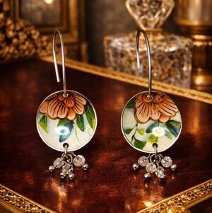 Vintage Hand-Painted Enamel Floral Dangle Earrings – Art Deco Style Collectible